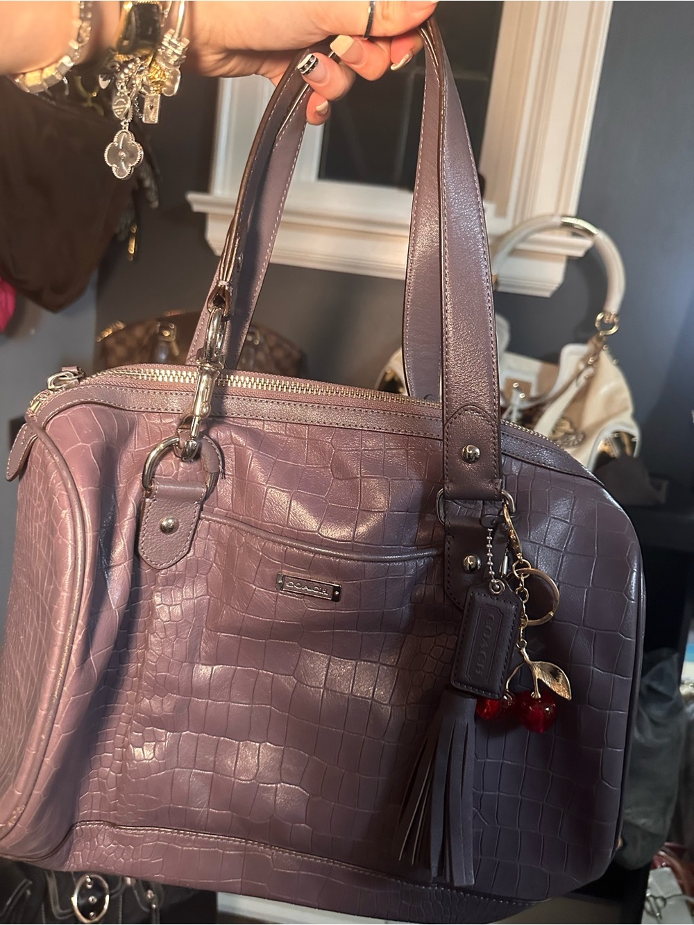 Coach Ashley croc-embossed leather satchel in a purplish-gray/slate shade